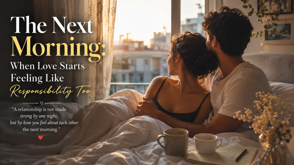 The Next Morning love story - Romantic couple sitting together on bed in soft morning sunlight symbolizing deep love emotional bonding and intimacy